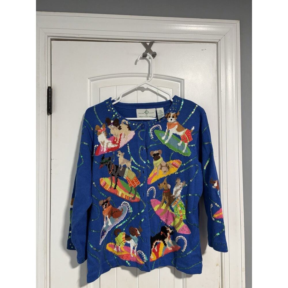 Design Options Philip Jane Gordon Dog Woman's Cardigan‎ Sweater Blue Large